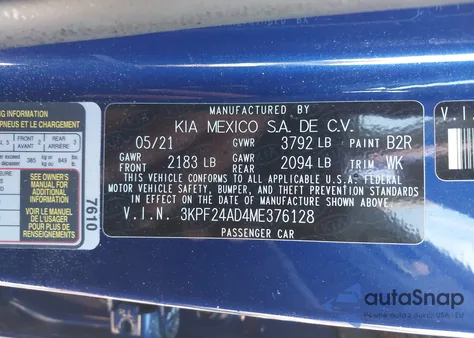 2021 Kia Forte Lxs z USA, uszkodzony, nr VIN 3KPF24AD4ME376128